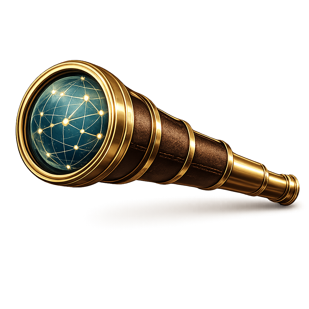 Brass spyglass with an internet globe in its lens